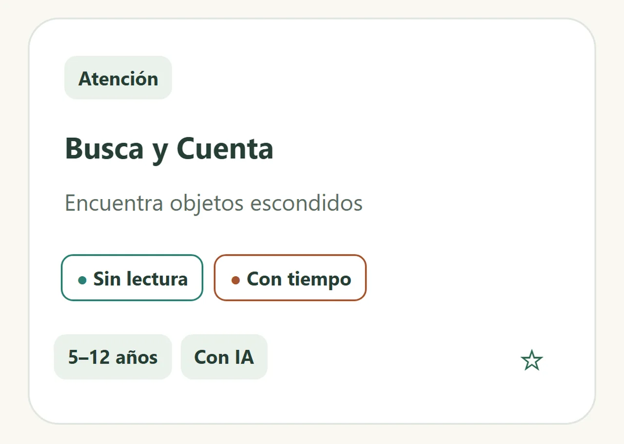 Tarjeta de la actividad Busca y Cuenta en el catálogo, con su área, su franja de edad, si usa IA y las etiquetas Sin lectura y Con tiempo